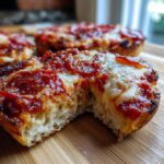 A close-up of a half-eaten english muffin pizza topped with melted cheese and pepperoni, showing the fluffy interior.