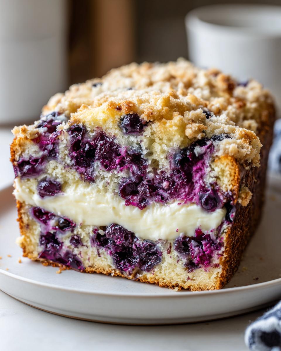 A moist cross-section slice of Blueberry Cream Cheese Bread showing a thick cream cheese layer and bursting blueberries.