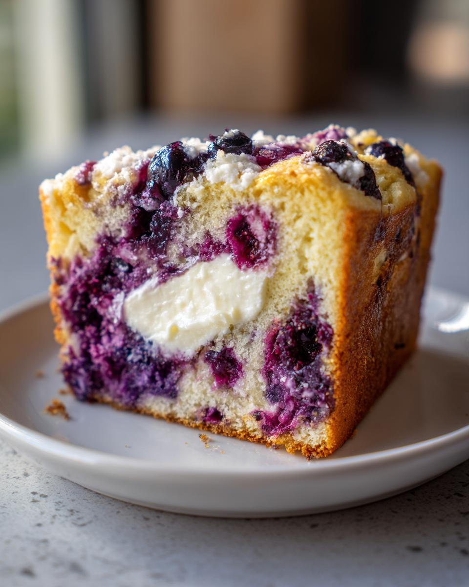 Close-up of a moist slice of Blueberry Cream Cheese Bread showing a swirl of cream cheese filling and baked blueberries.
