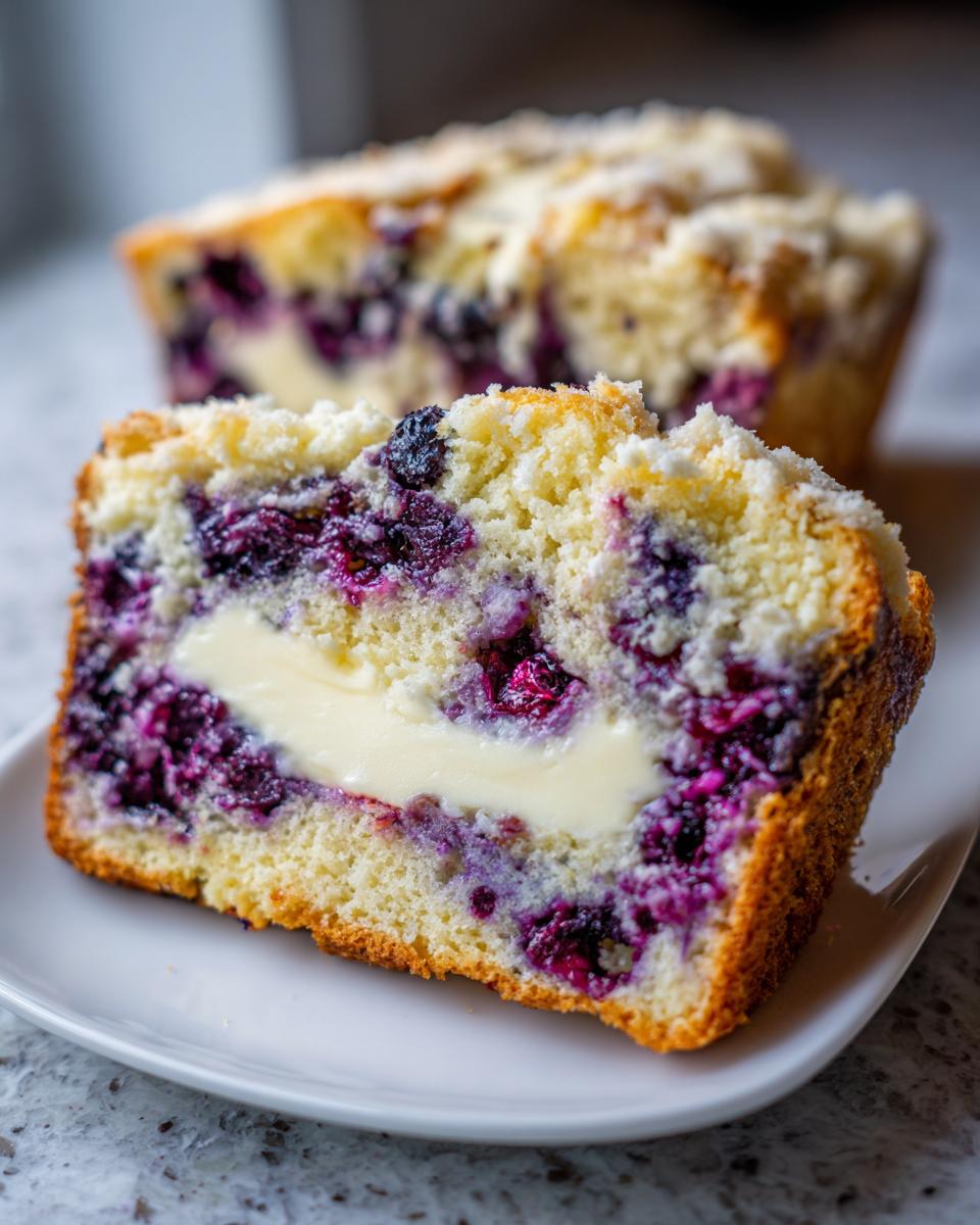 Close-up of a moist slice of Blueberry Cream Cheese Bread showing a rich cream cheese swirl and baked blueberries.