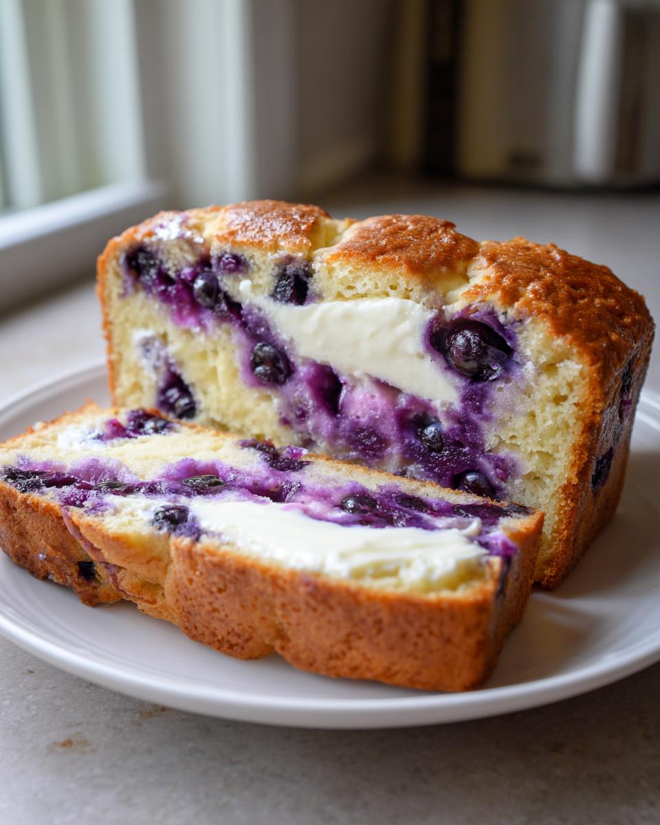 Two slices of moist Blueberry Cream Cheese Bread showing a thick cream cheese swirl and burst blueberries.