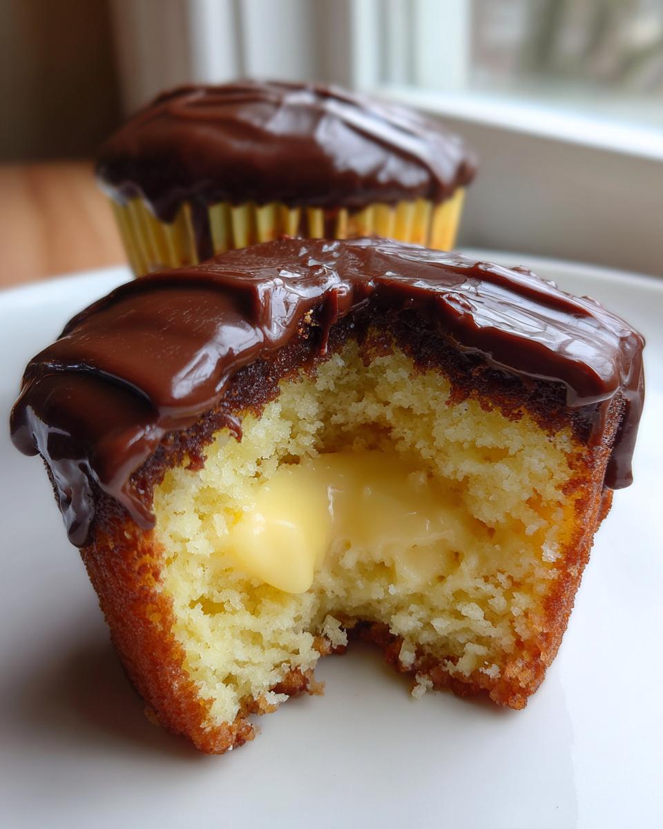Close-up of a Boston Cream Pie Cupcakes with a bite taken out, revealing vanilla pastry cream filling and chocolate ganache topping.