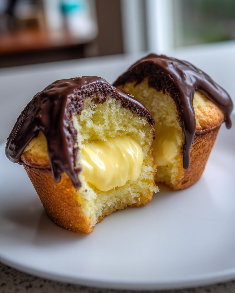 A Boston cream pie cupcake cut in half showing rich vanilla cake and creamy yellow custard filling, topped with chocolate glaze.