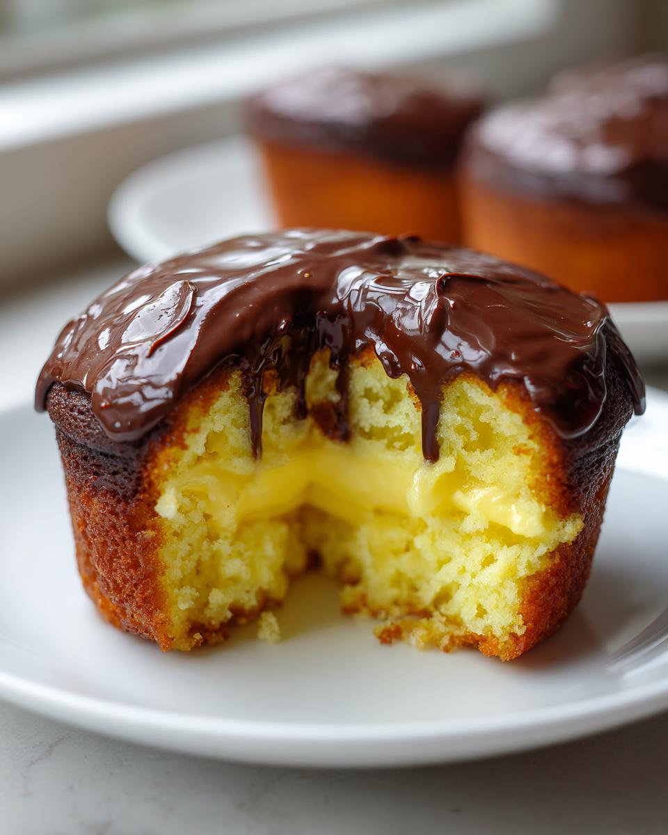 A close-up of a Boston Cream Pie Cupcakes with a bite taken out, revealing rich vanilla custard filling and chocolate ganache topping.