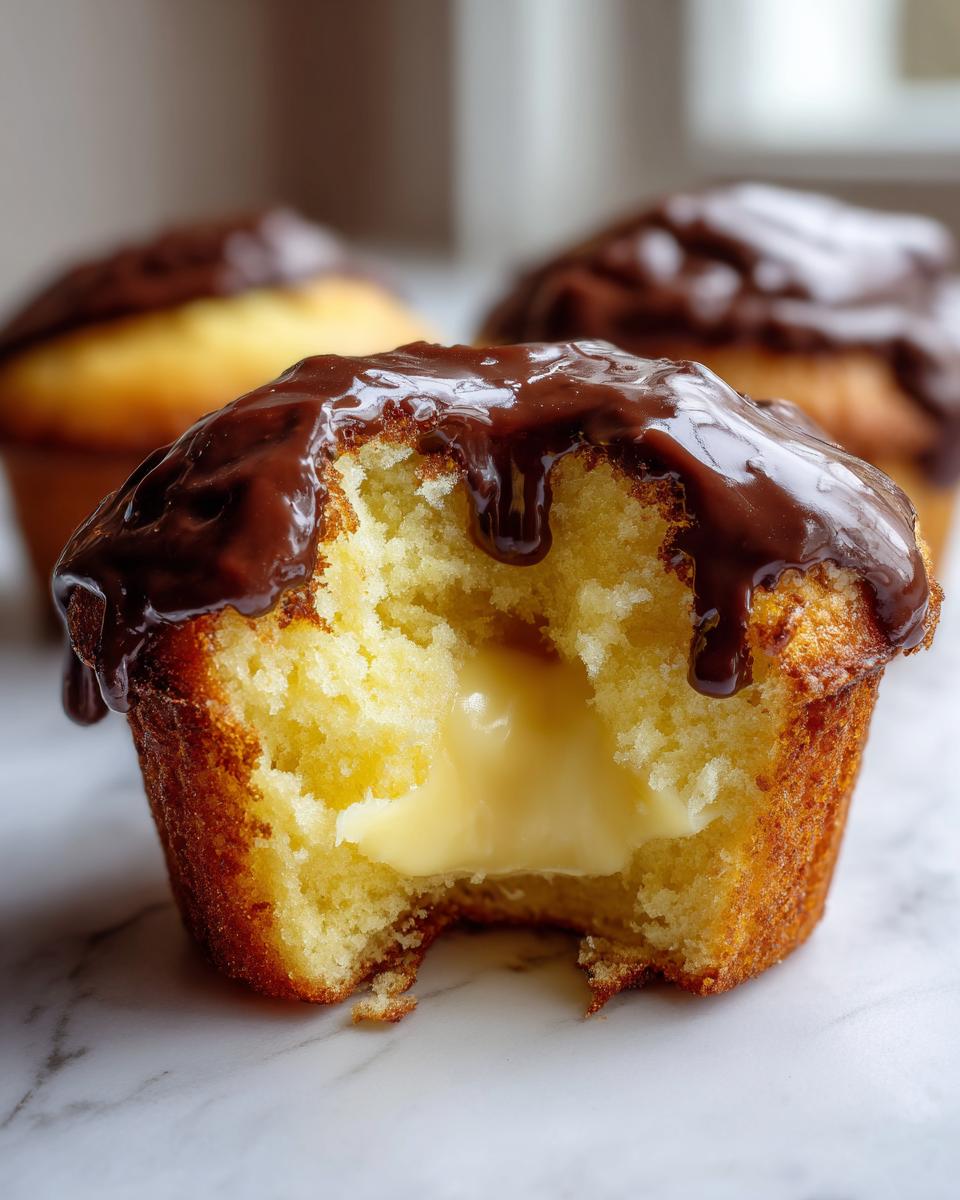 A close-up of a Boston Cream Pie Cupcakes cut in half showing the creamy vanilla filling and rich chocolate ganache topping.