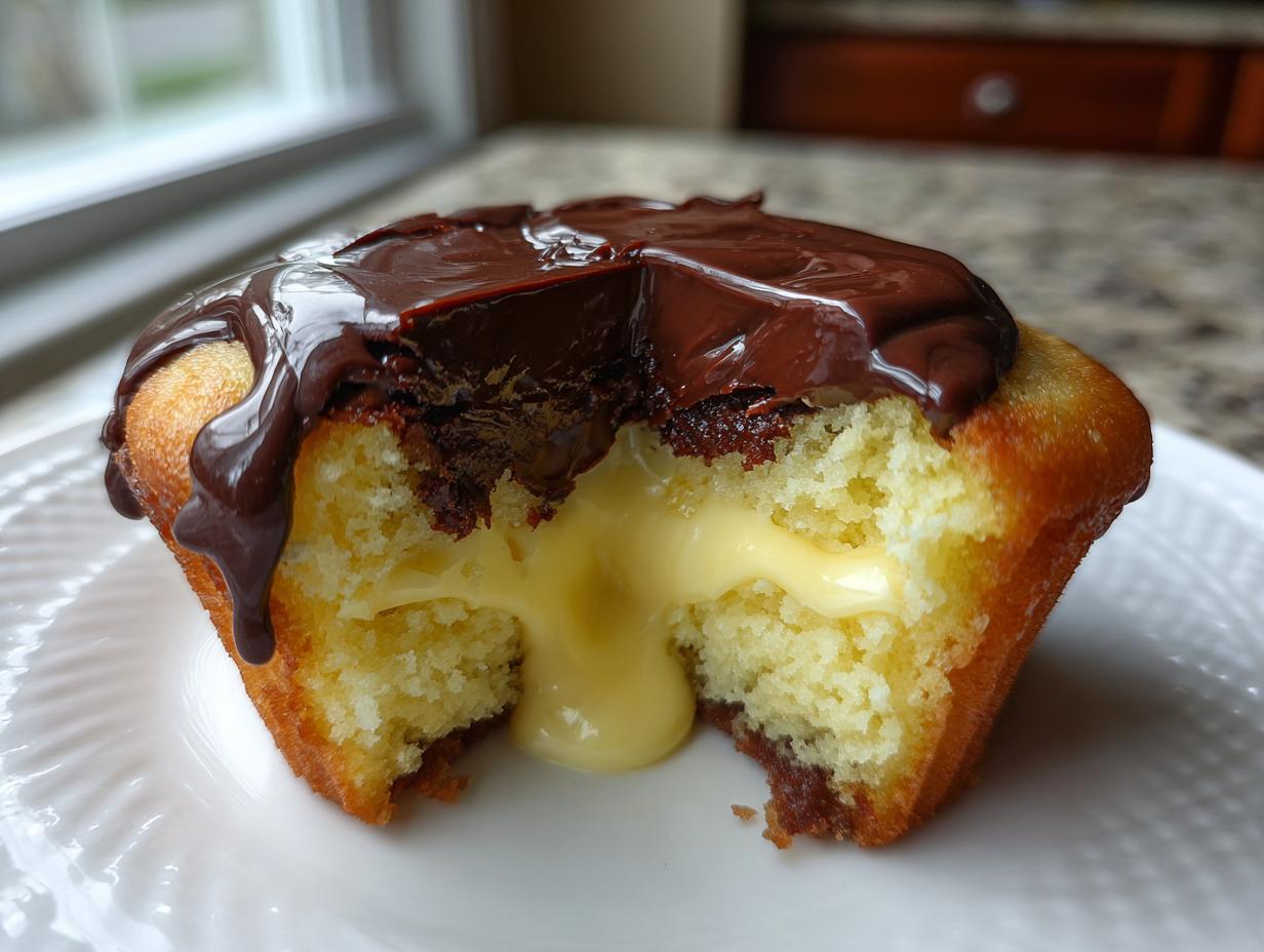 Close-up of a Boston Cream Pie Cupcakes cut in half showing rich vanilla cream filling oozing out.