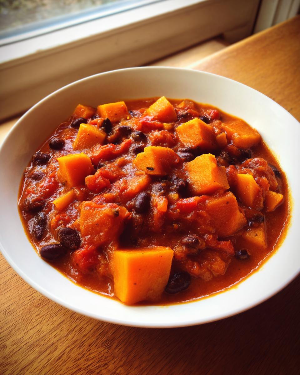 Close-up of a white bowl filled with rich, orange butternut squash chili and black beans.