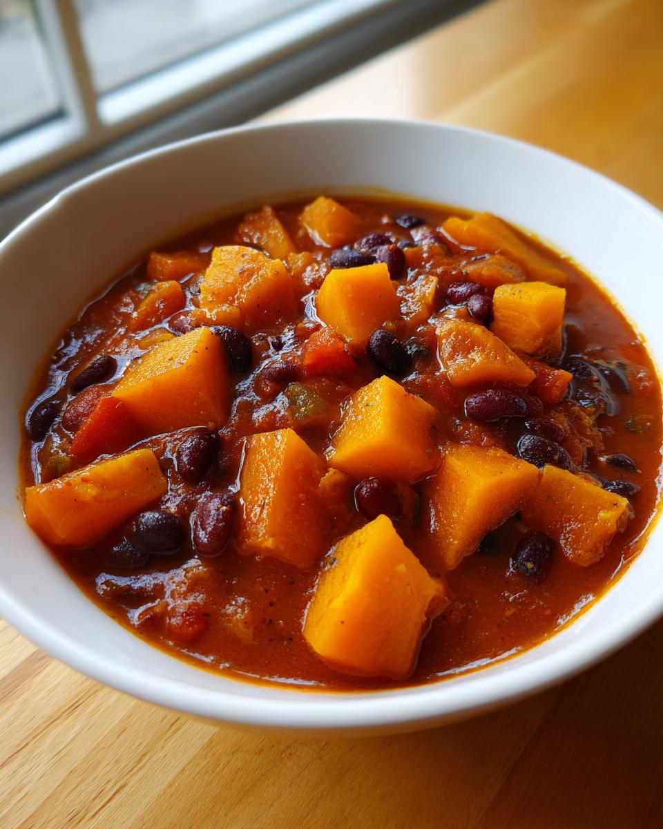 Close-up of a white bowl filled with rich, red butternut squash chili featuring large chunks of orange squash and dark kidney beans.