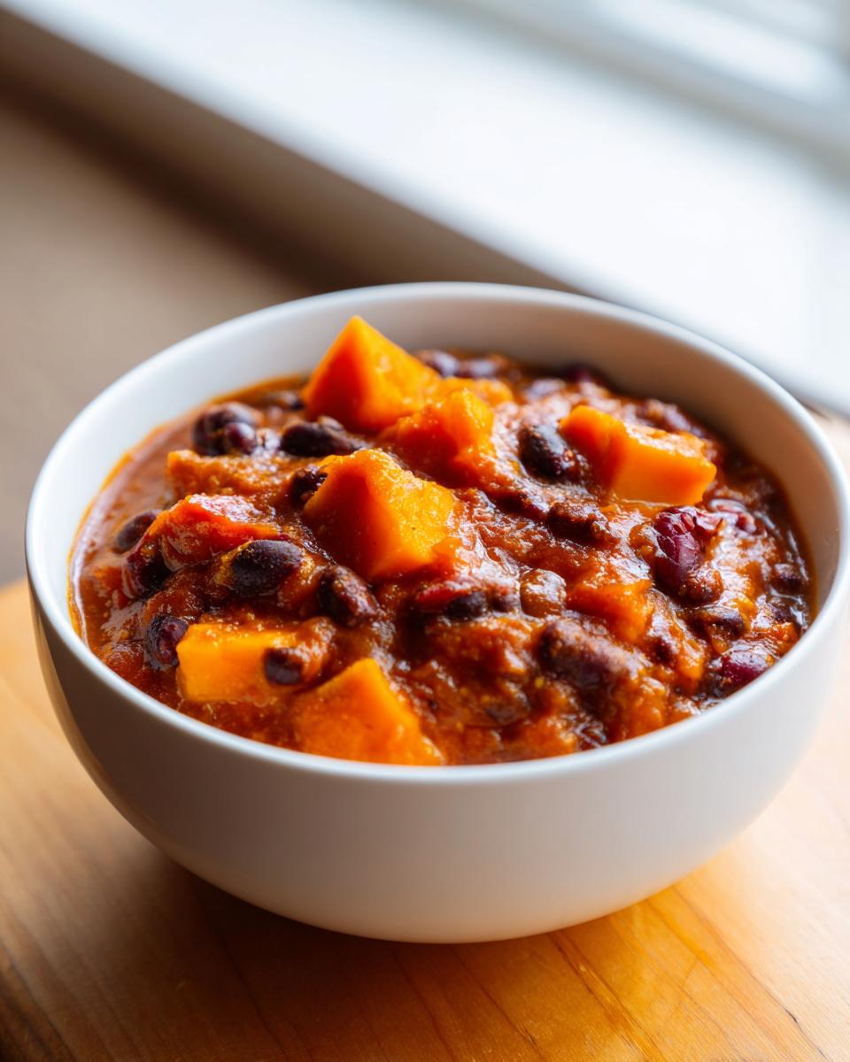 Close-up of a white bowl filled with rich, orange butternut squash chili featuring chunks of squash and black beans.