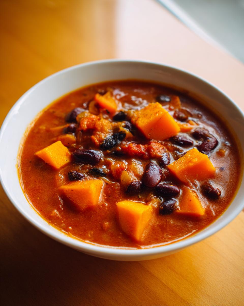Close-up of a white bowl filled with rich, orange butternut squash chili featuring chunks of squash and kidney beans.