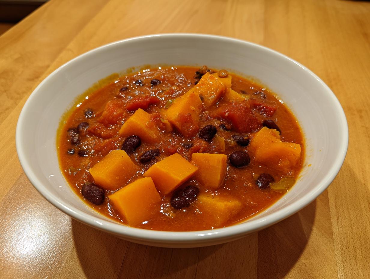 A close-up view of a white bowl filled with rich, orange butternut squash chili containing large chunks of squash and black beans.