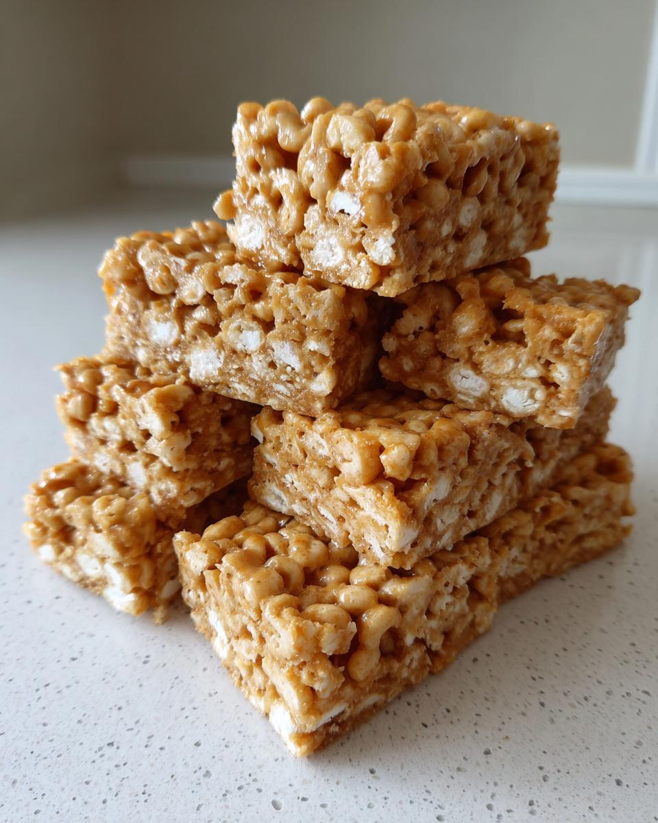 A stack of chewy, golden brown cheerio bars made with puffed cereal and a sweet binder.