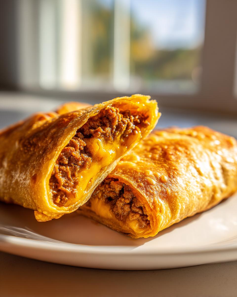 Close-up of two golden, crispy cheeseburger egg rolls cut in half, revealing a savory ground beef and melted cheese filling.