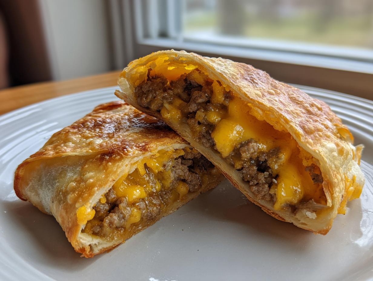 Two halves of a crispy, golden brown cheeseburger egg roll cut open to show the ground beef and melted cheddar cheese filling.