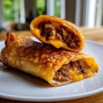 Two crispy, golden-brown cheeseburger egg rolls, one cut open showing seasoned ground beef and melted cheddar cheese.