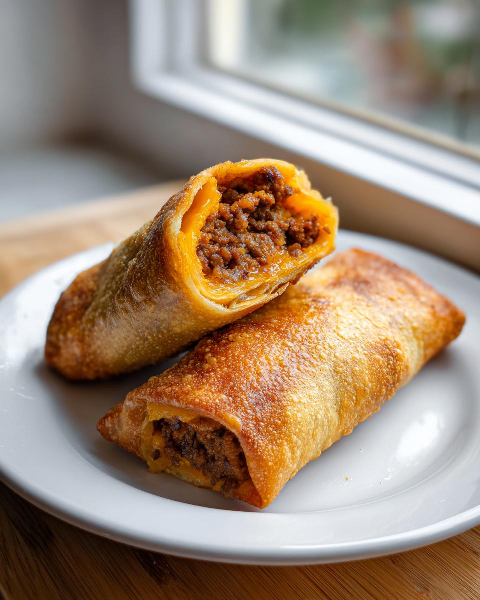 Two crispy, golden-brown cheeseburger egg rolls, one cut open to show the savory ground beef and melted cheese filling.