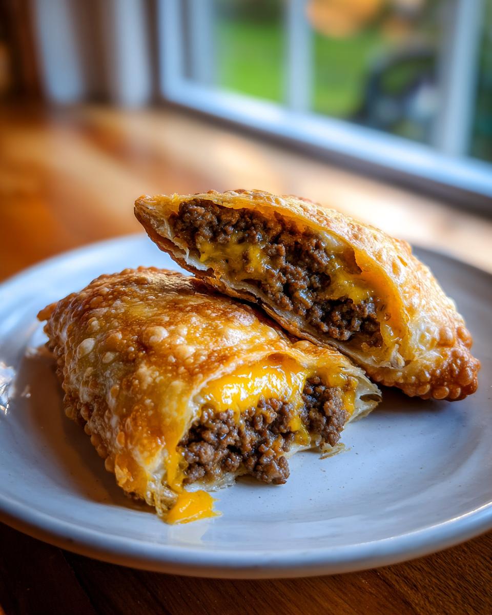 A golden-brown cheeseburger egg roll cut in half, showing seasoned ground beef and melted cheddar cheese filling.
