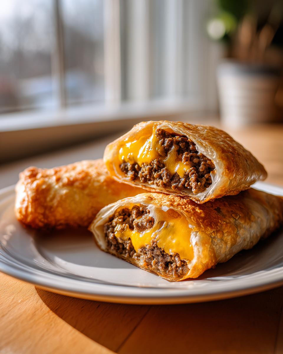 Close-up of cheeseburger egg rolls cut in half showing ground beef filling and melted cheddar cheese.