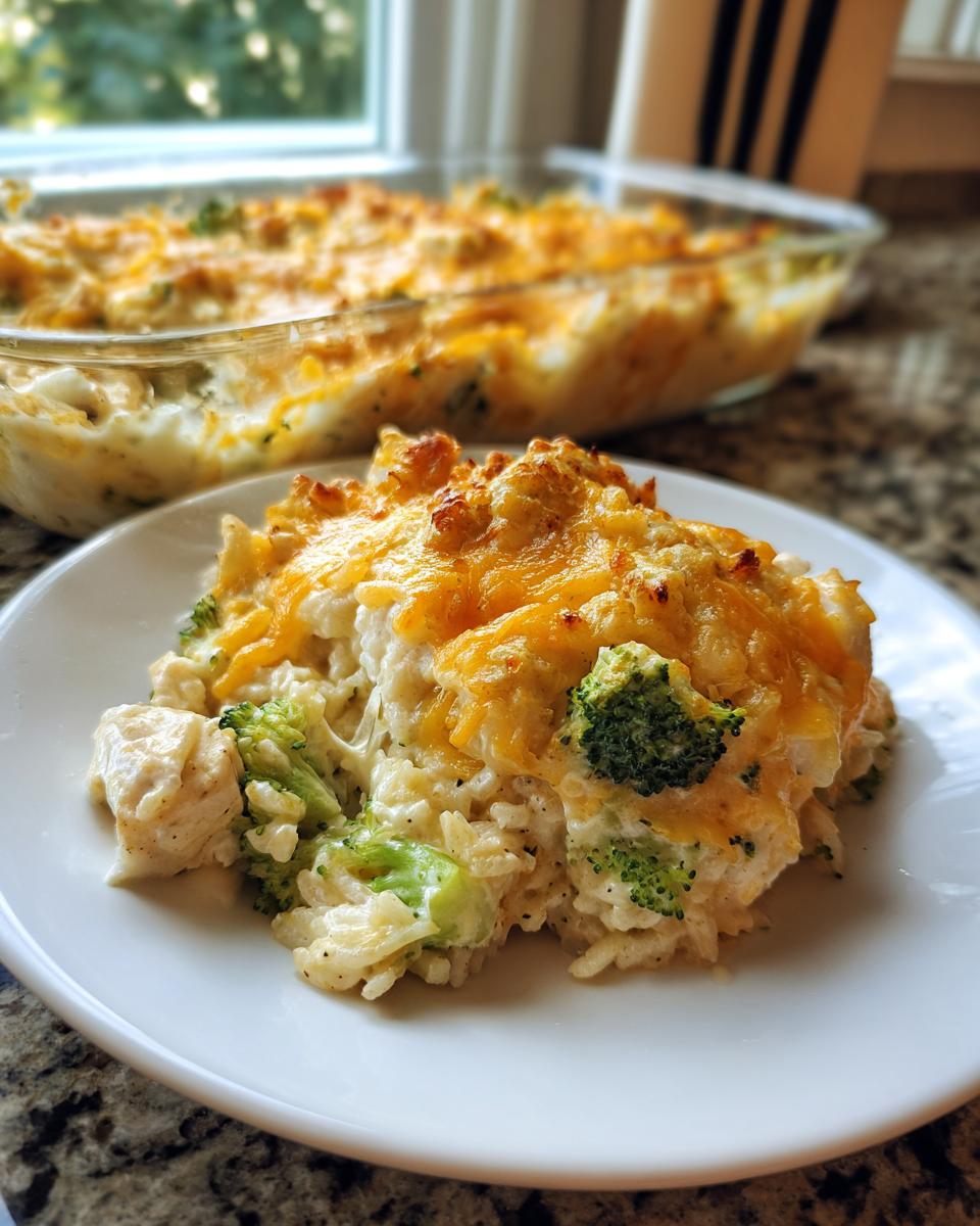 A serving of creamy chicken and broccoli rice casserole topped with melted cheddar cheese.