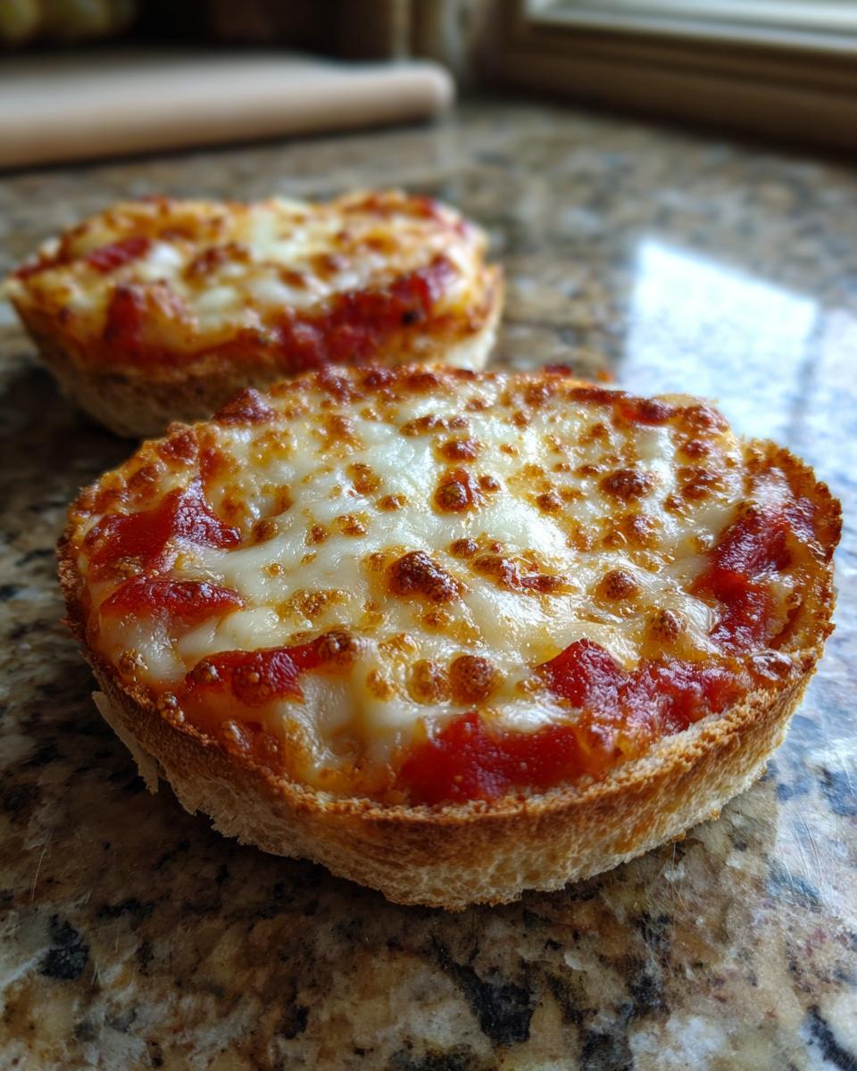 Close-up of a freshly baked english muffin pizza with melted, bubbly cheese and tomato sauce on a granite countertop.