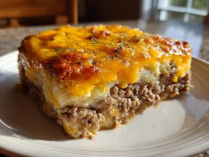 A thick slice of meatloaf casserole featuring a ground meat base, mashed potato layer, and melted cheddar cheese topping.