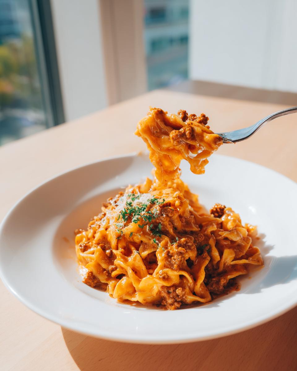A fork lifts a portion of cheesy taco pasta coated in a rich meat sauce from a white bowl.
