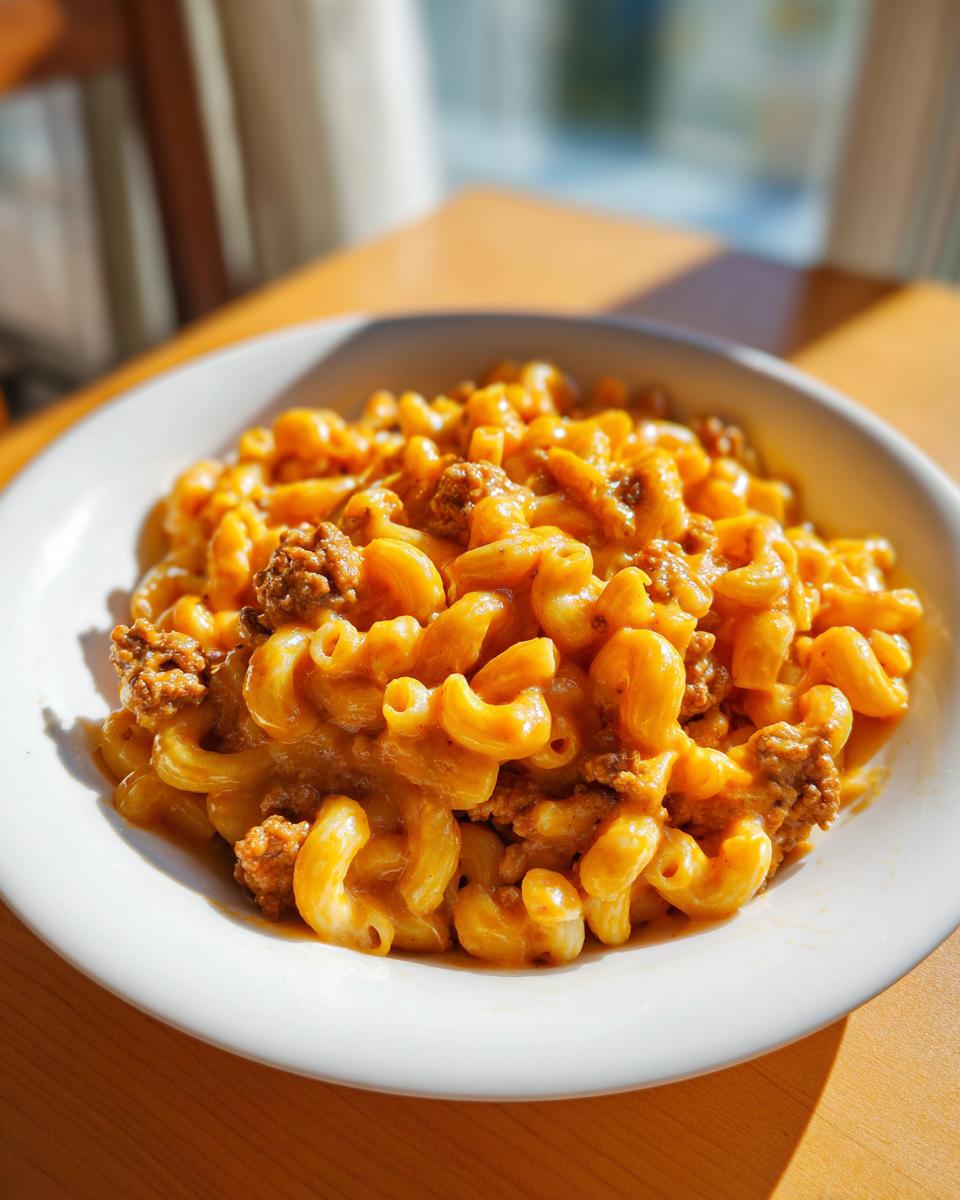 Close-up of cheesy taco pasta made with elbow macaroni and seasoned ground beef, served in a white bowl.