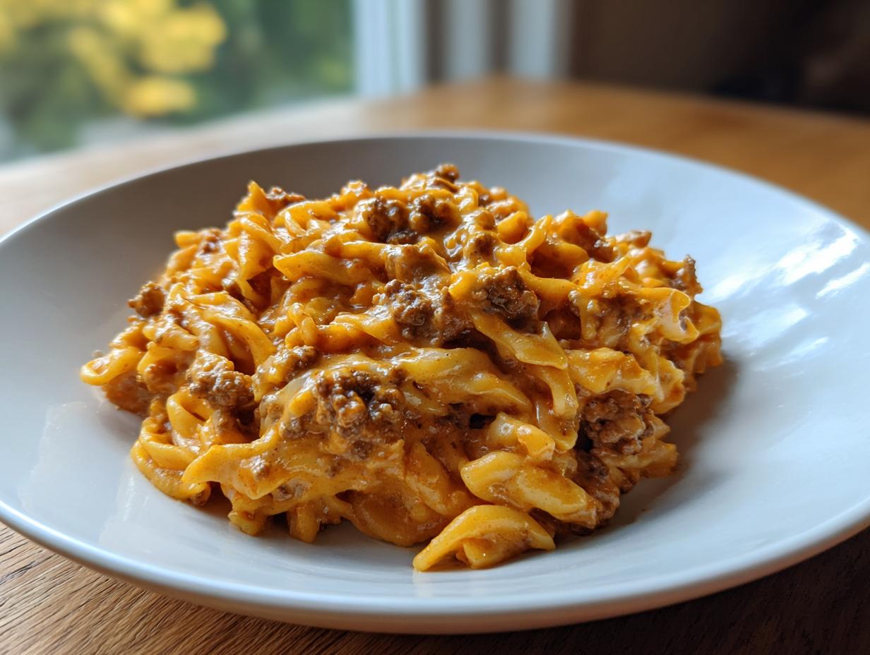 A close-up of a serving of cheesy taco pasta mixed with ground beef in a shallow white bowl.