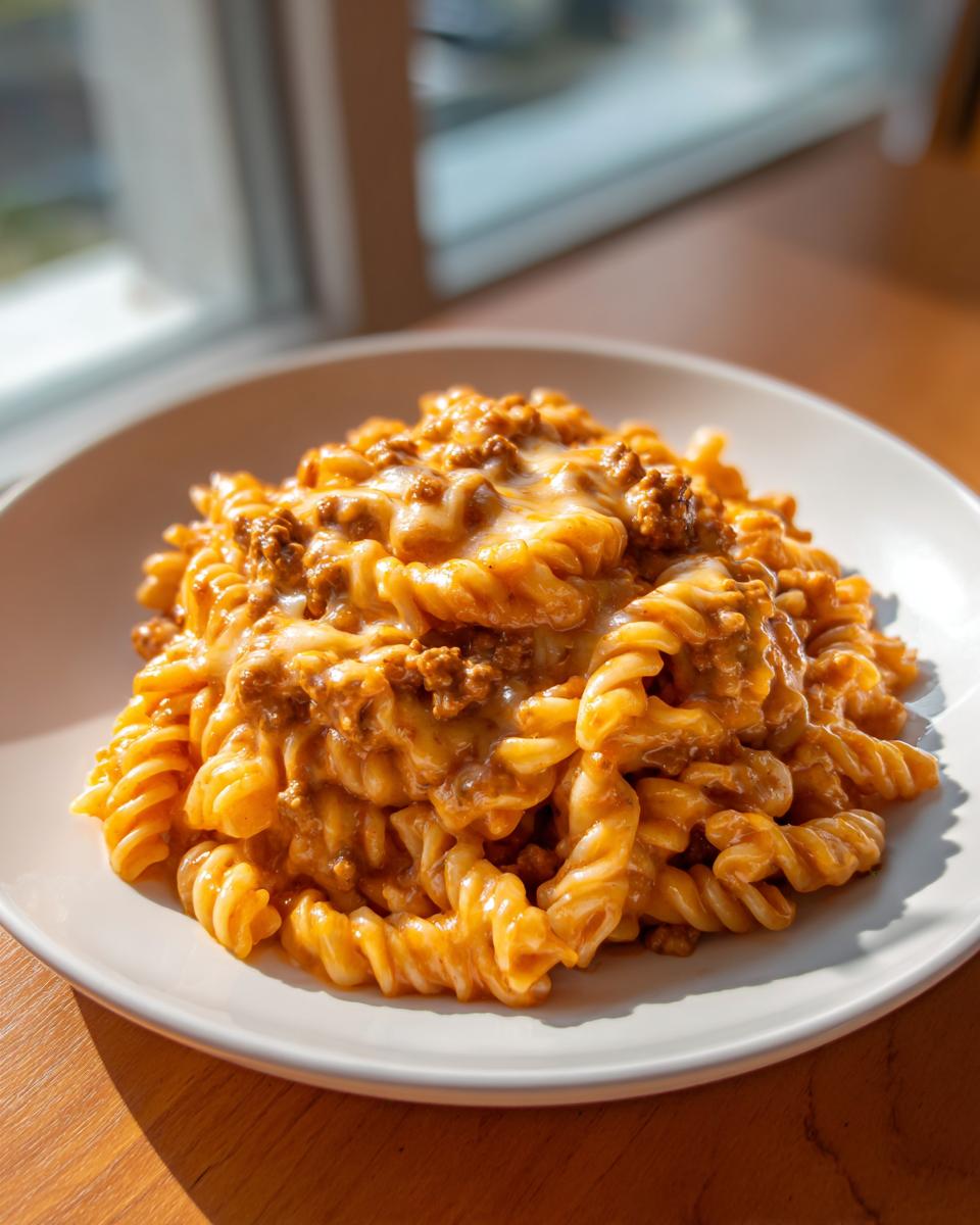 A close-up of cheesy taco pasta made with rotini noodles and ground beef, served on a white plate.