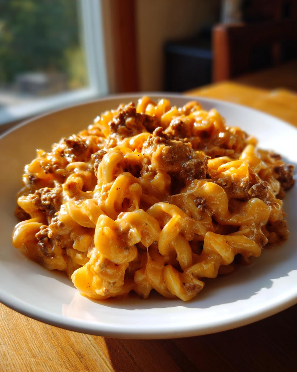 A close-up serving of creamy, cheesy taco pasta mixed with ground beef in a white bowl.