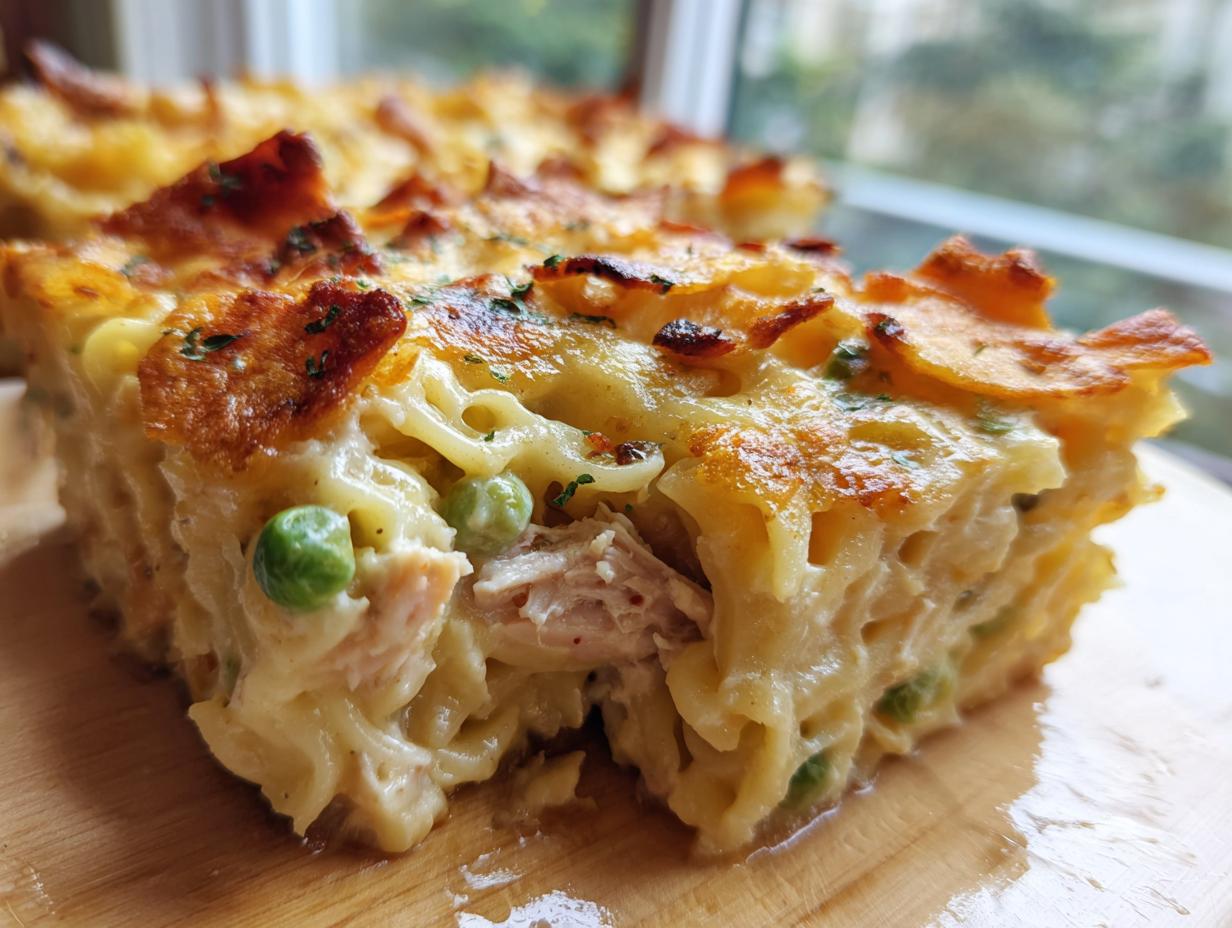 A thick, creamy slice of baked tuna noodle casserole showing noodles, tuna, peas, and a golden, cheesy crust.