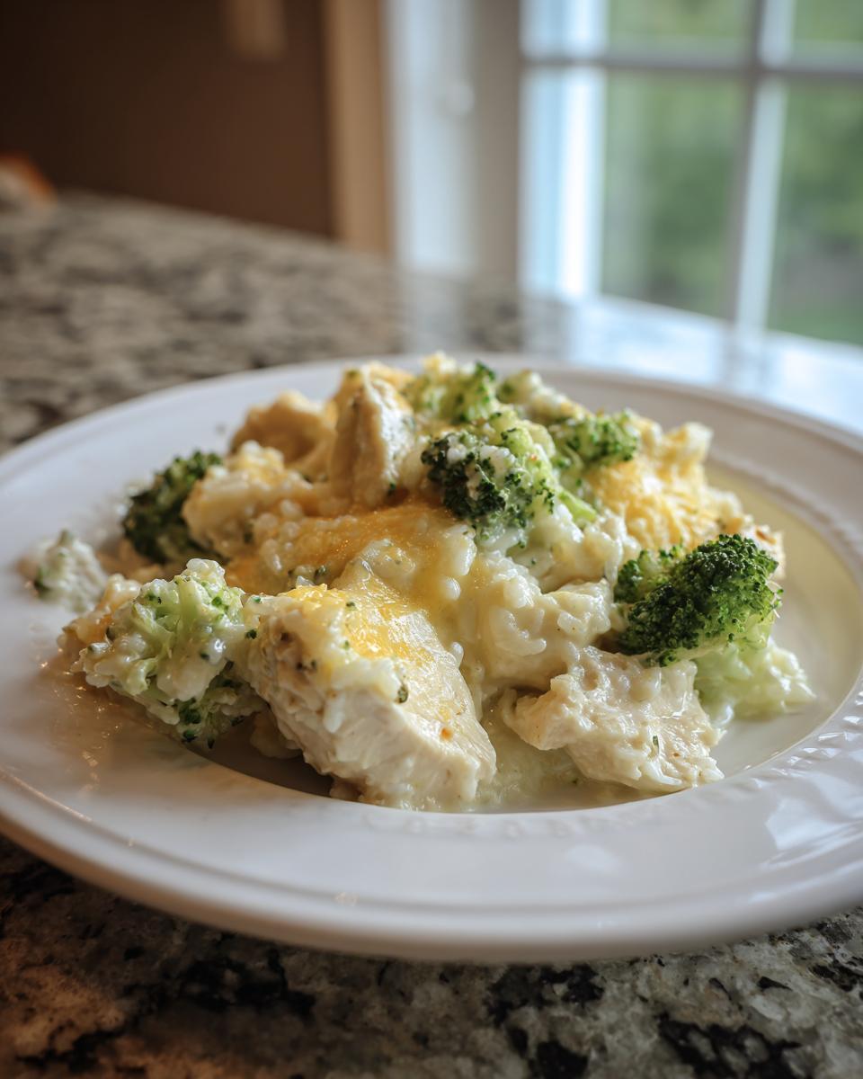 Close-up of a creamy chicken broccoli rice casserole serving topped with melted cheddar cheese on a white plate.