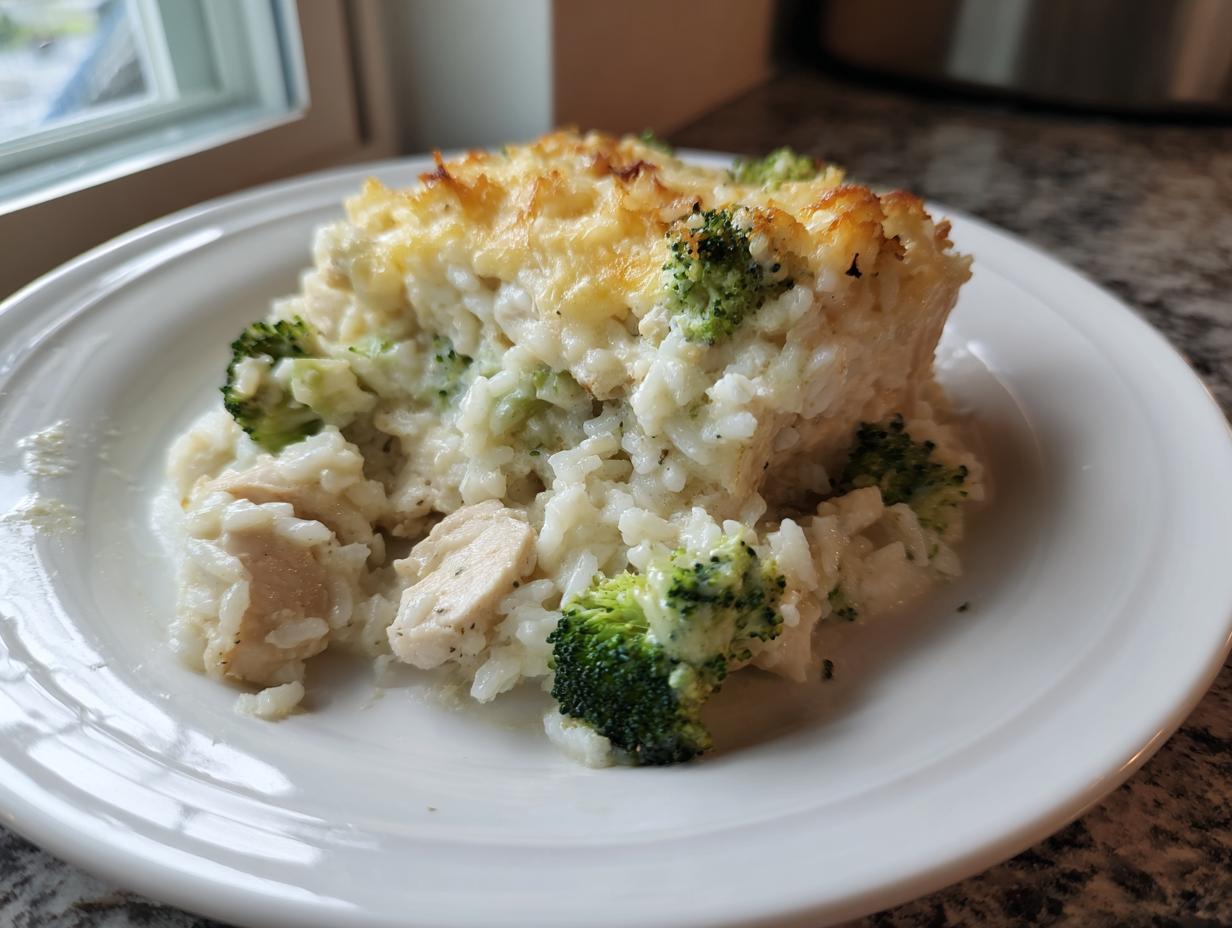 A hearty serving of creamy chicken broccoli rice casserole with a golden, cheesy crust.