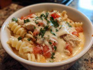 Close-up of a bowl of creamy chicken parmesan soup featuring rotini pasta, shredded chicken, melted mozzarella, and fresh parsley.