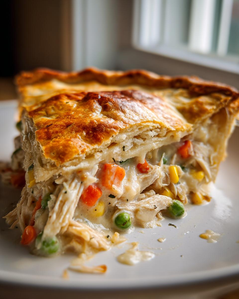 A close-up of a rich slice of chicken pot pie recipe showing flaky crust and creamy filling with chicken, peas, and carrots.