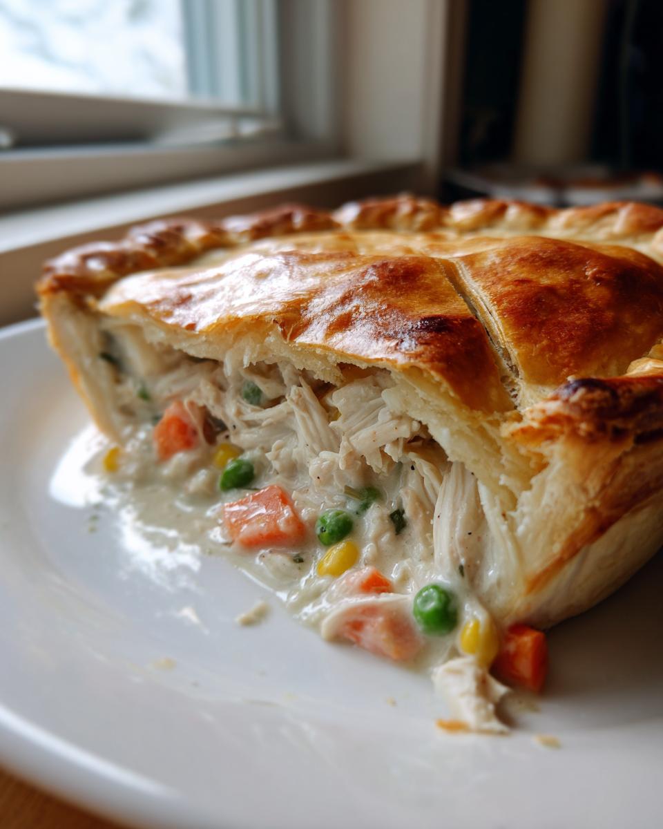 A close-up of a slice of chicken pot pie recipe showing flaky golden crust and creamy filling with shredded chicken and vegetables.