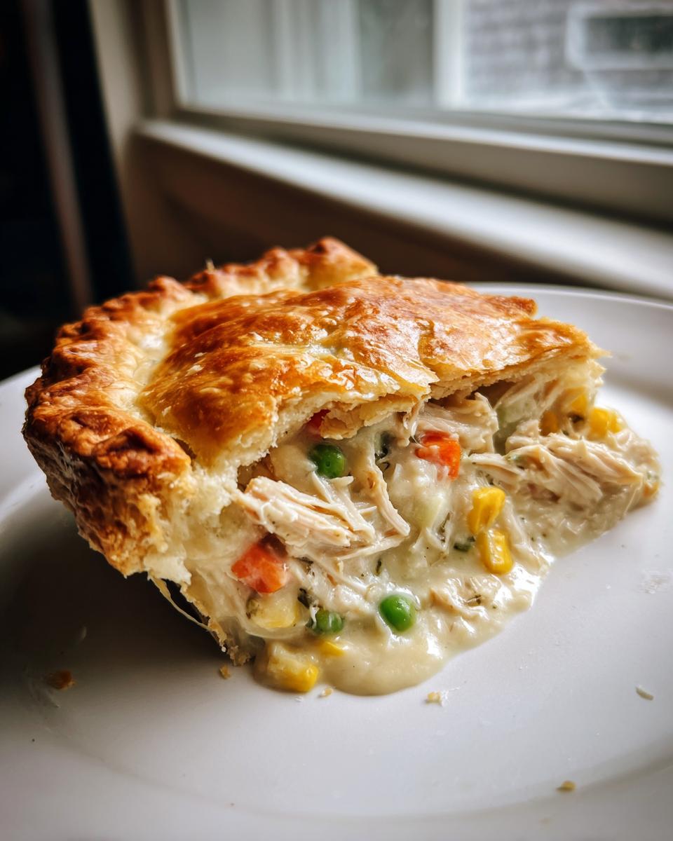 Close-up of a slice of chicken pot pie recipe showing flaky crust and creamy filling with shredded chicken and vegetables.