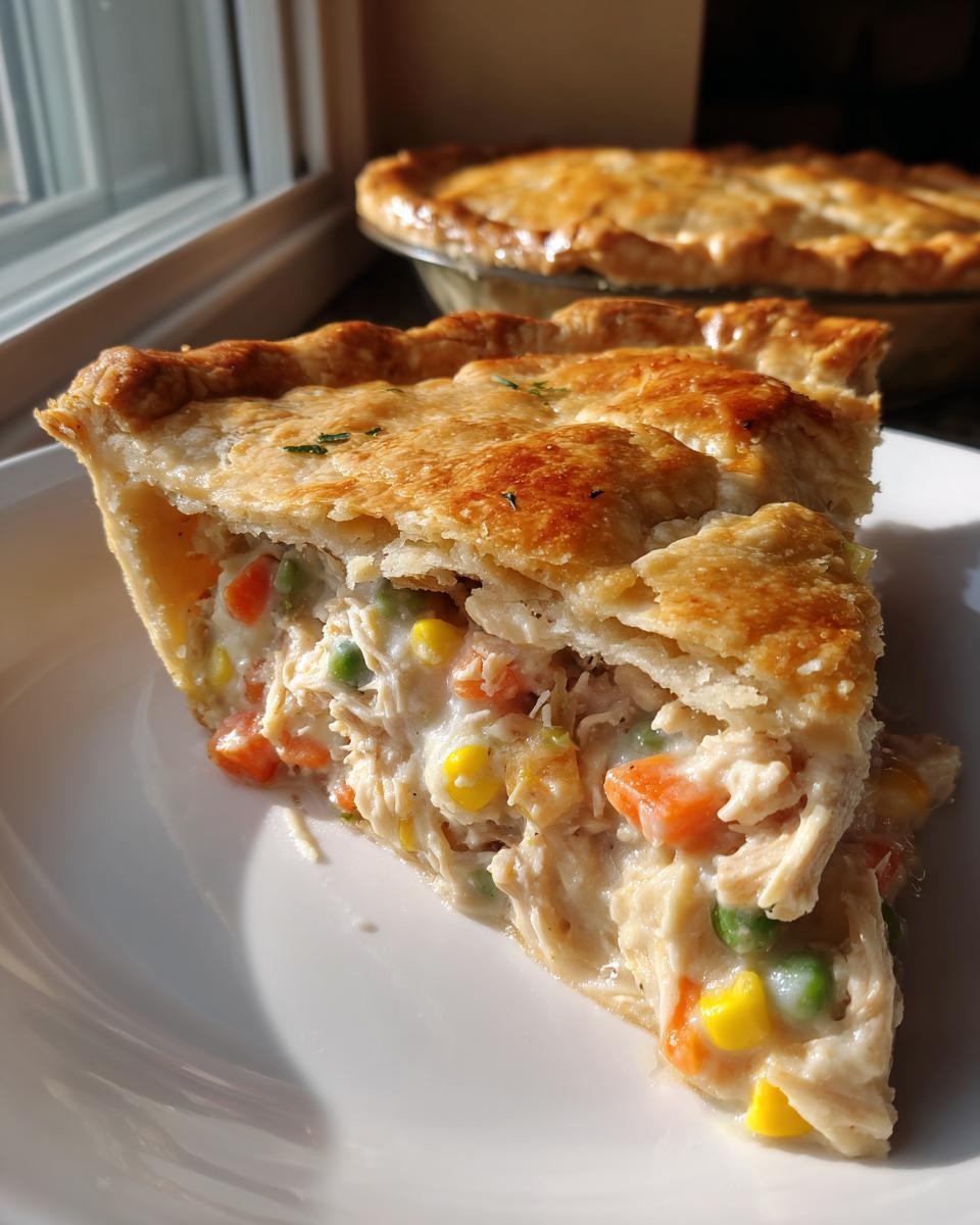 A close-up slice of creamy chicken pot pie recipe showing shredded chicken, carrots, peas, and corn under a flaky golden crust.
