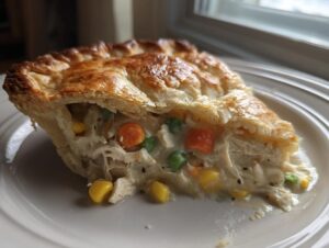 A close-up slice of a homemade chicken pot pie recipe showing flaky crust and creamy filling with chicken, carrots, peas, and corn.