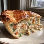 A close-up slice of homemade chicken pot pie recipe showing creamy filling with shredded chicken, peas, and carrots under a golden, flaky crust.