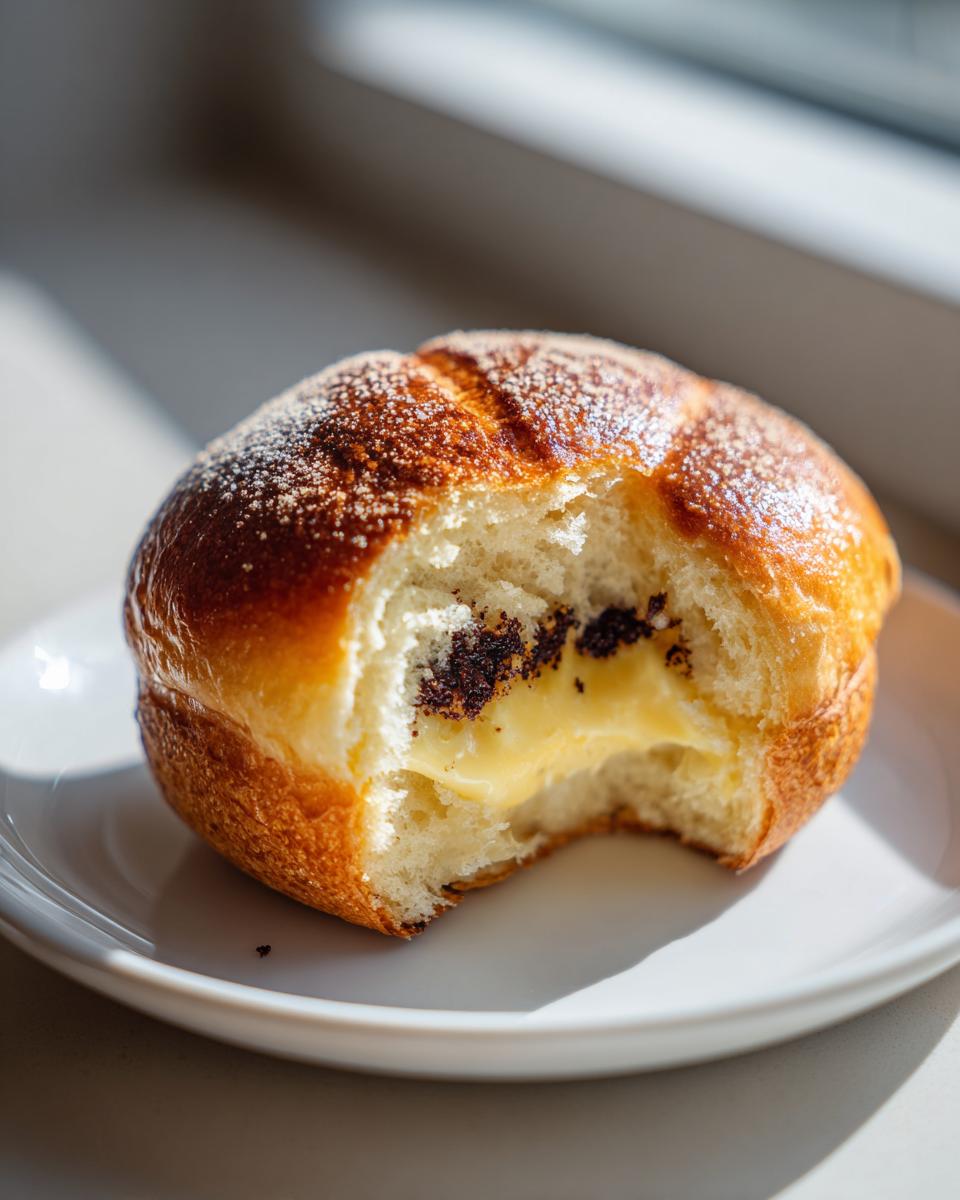 A chocolate chip vanilla custard brioche with a bite taken out, revealing creamy yellow custard and dark chocolate chips.
