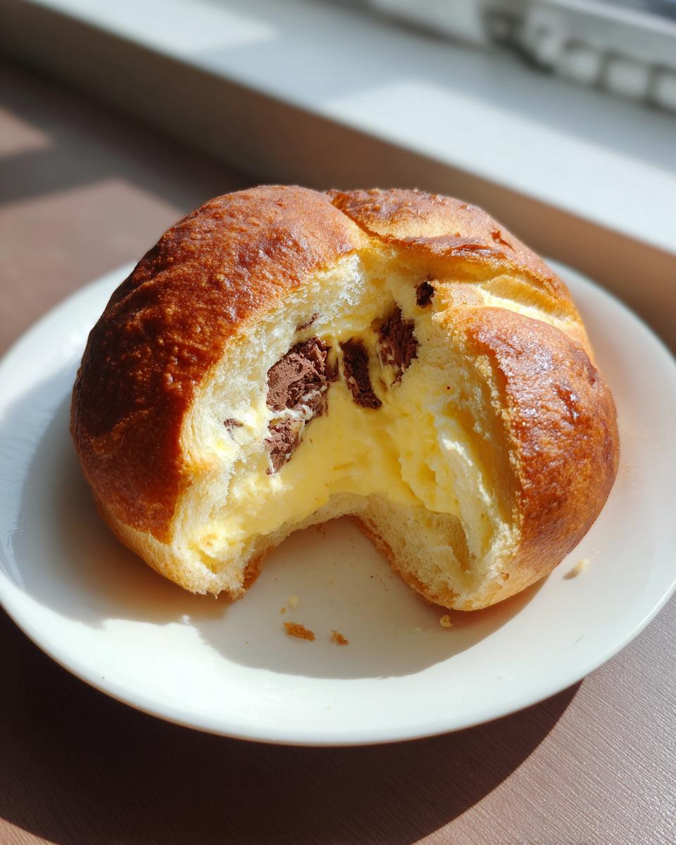 A close-up of a chocolate chip vanilla custard brioche with a bite taken out, revealing rich yellow custard and chocolate chunks.
