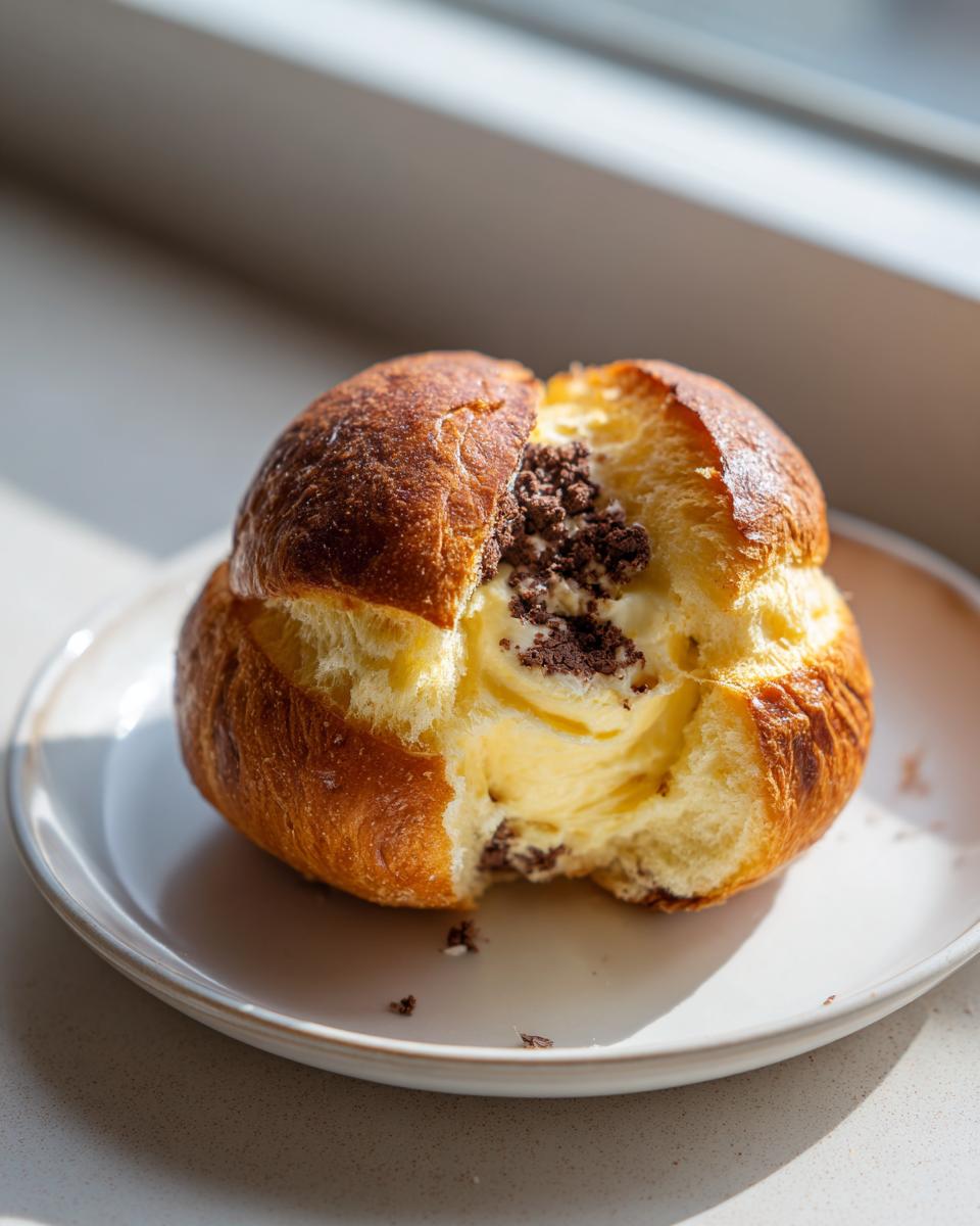 A chocolate chip vanilla custard brioche split open to show rich yellow custard and chocolate crumbles inside.
