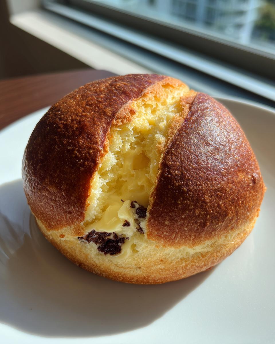Close-up of a chocolate chip vanilla custard brioche, split open to show creamy yellow custard and dark chocolate chips.