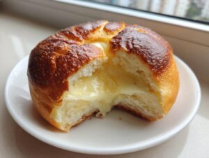 A chocolate chip vanilla custard brioche torn open to show the rich, gooey vanilla custard filling inside.