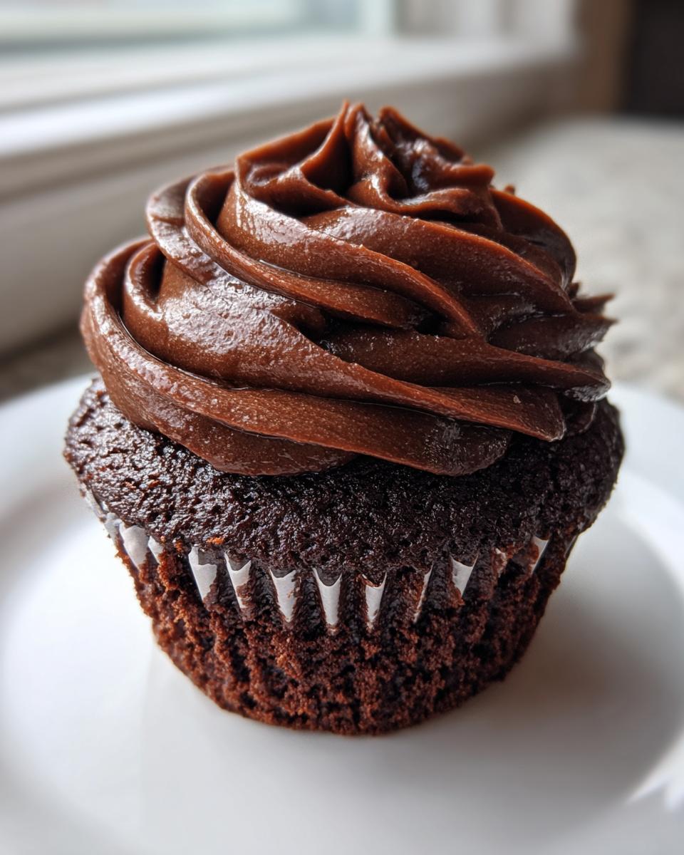A single, rich chocolate cupcake with thick, glossy chocolate frosting, sitting on a white plate.
