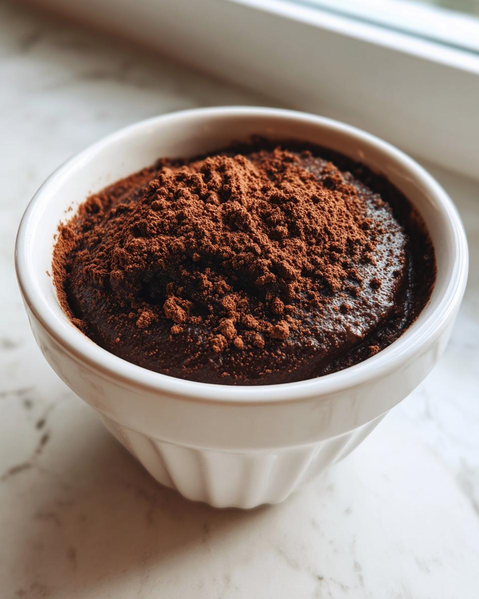 Close-up of creamy chocolate protein pudding in a white ramekin, heavily dusted with cocoa powder.