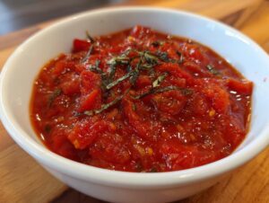 Close-up of chunky, vibrant red tomato sauce garnished with fresh basil in a small white bowl.