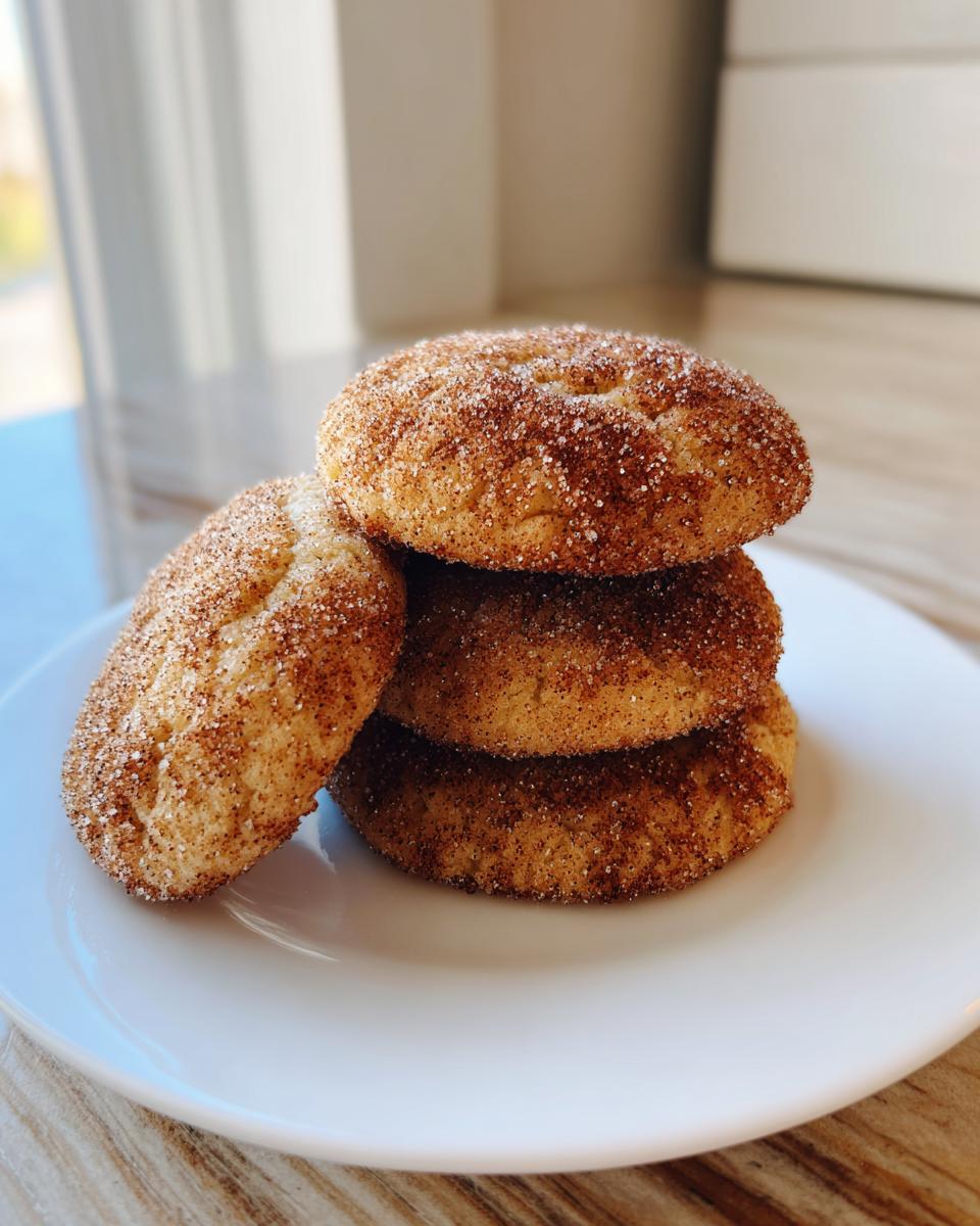 A stack of four soft, round cinnamon cookies generously coated in a cinnamon-sugar mixture, resting on a white plate.