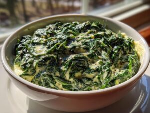 Close-up of a white bowl filled with rich, dark green creamed spinach, seasoned with pepper.